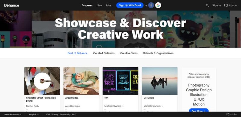 Главная страница сервиса Behance