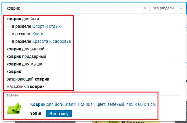 Пример вывода подсказок при вводе запроса Пример вывода подсказок при вводе запроса