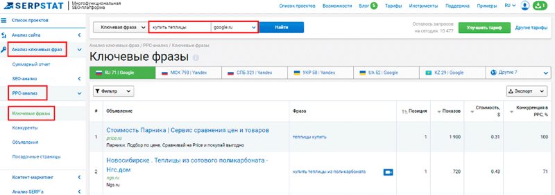 анализатор ключевых фраз в сервисе serpstat