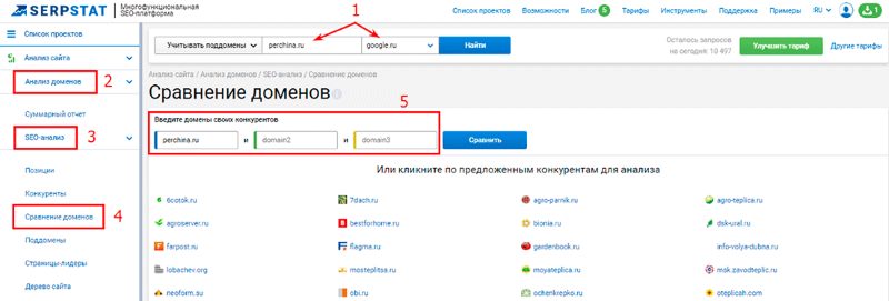 сравнение доменов в serpstat