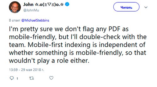 Твит Джона Мюллера об отношении Mobile-first к PDF файлам Твит Джона Мюллера об отношении Mobile-first к PDF файлам