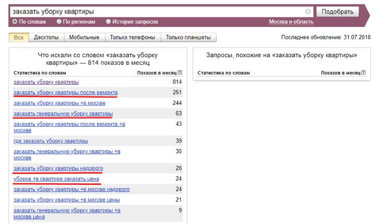 Поиск запросов в Яндекс.Вордстате