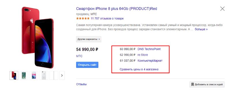 объявления на странице Гугл покупок